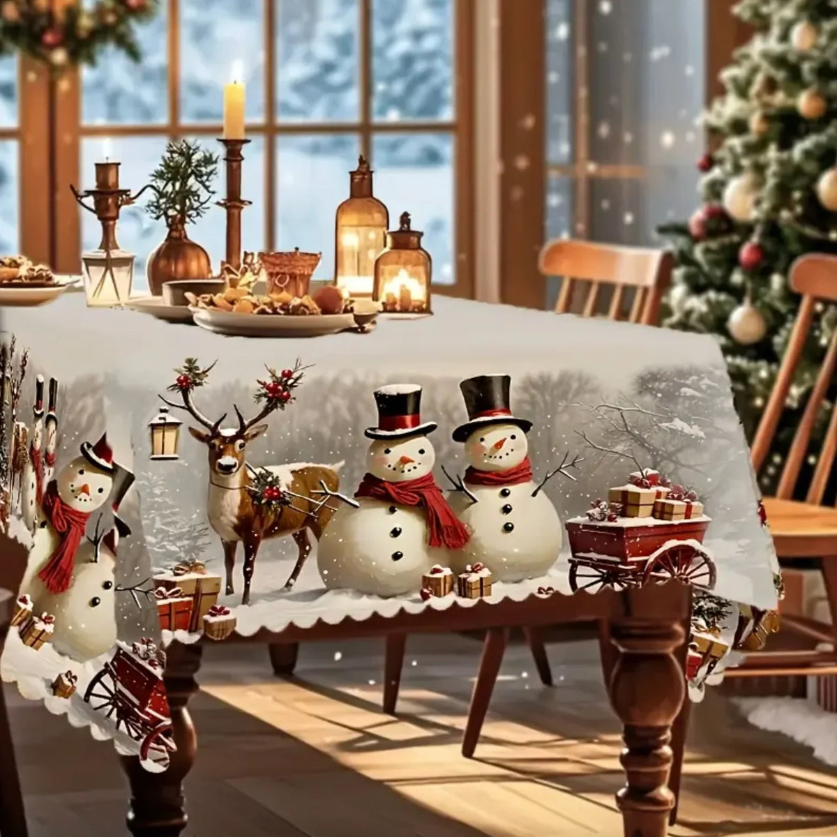 Christmas Tablecloth with Snowman and Reindeer Design Festive White Cloth with Scalloped Hem - Image 6