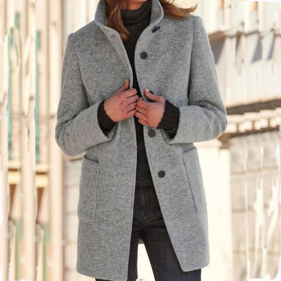 Women's Mid-Length Coat with Stand Collar