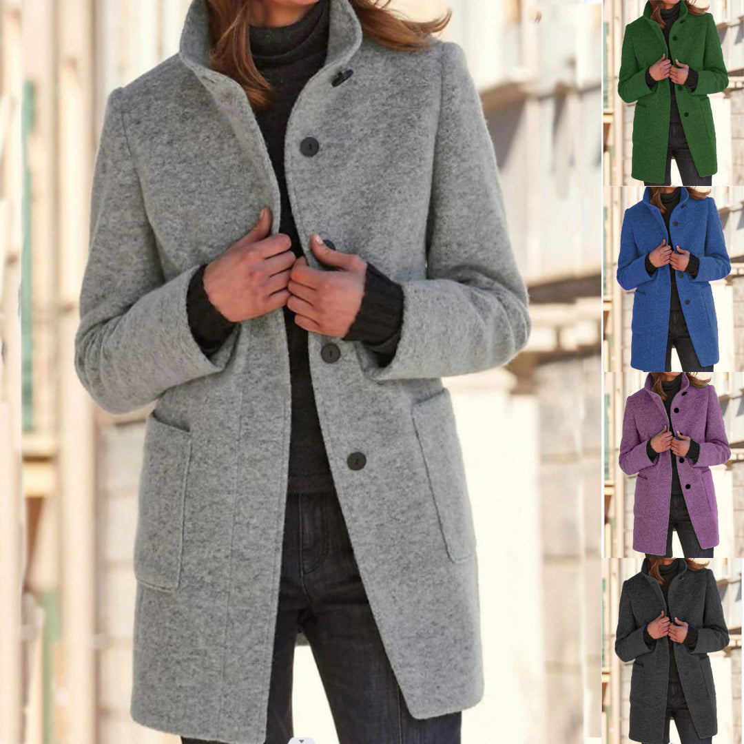 Women's Mid-Length Coat with Stand Collar