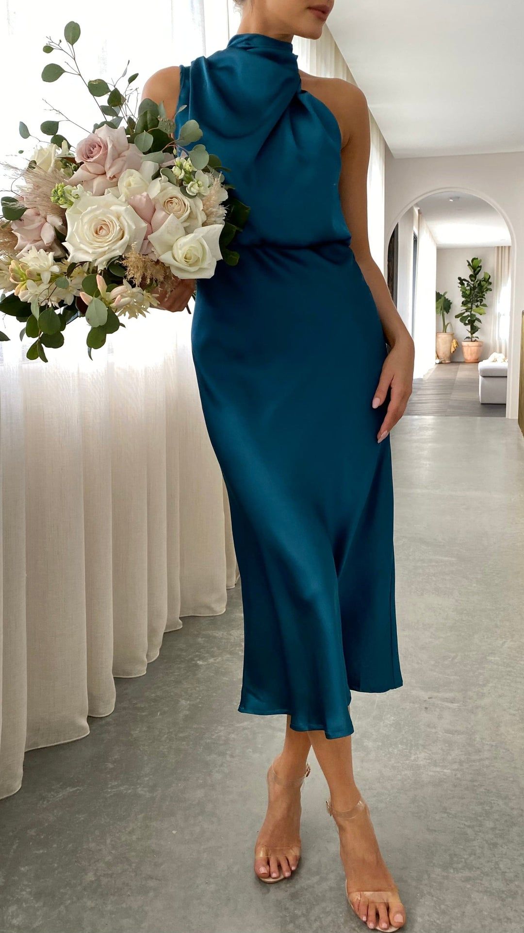Women's Satin High Neck Midi Dress