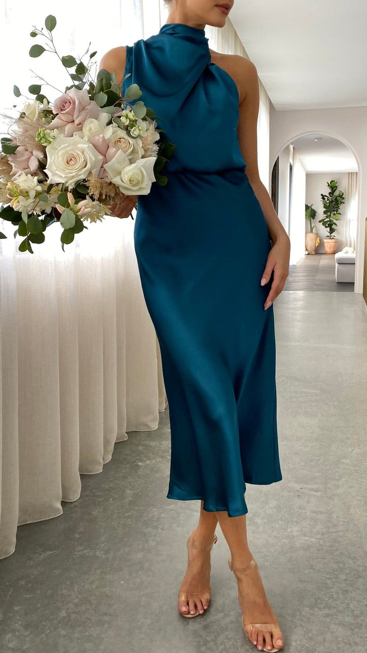 Women's Satin High Neck Midi Dress