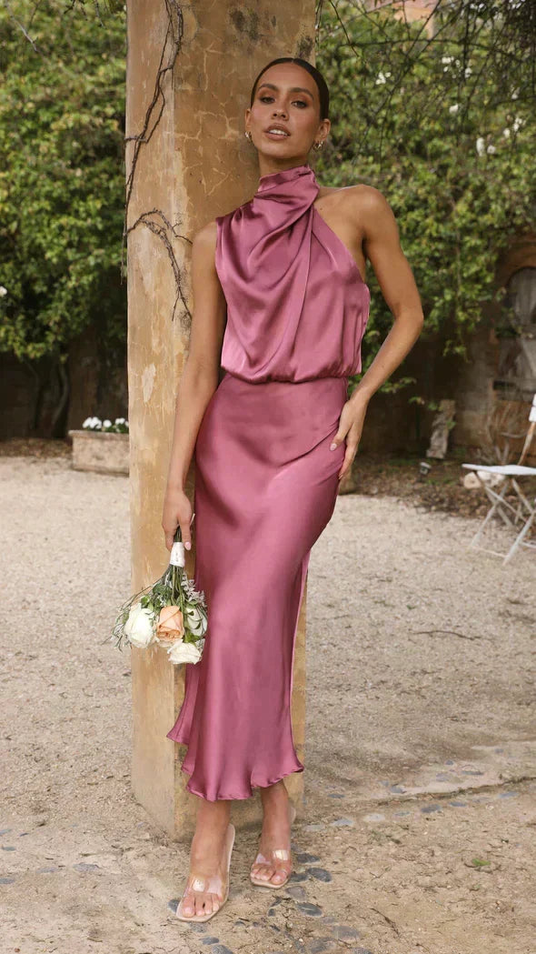 Women's Satin High Neck Midi Dress