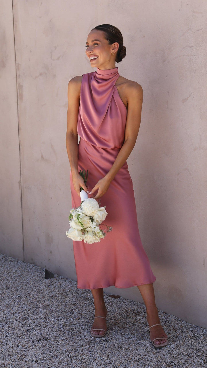 Women's Satin High Neck Midi Dress
