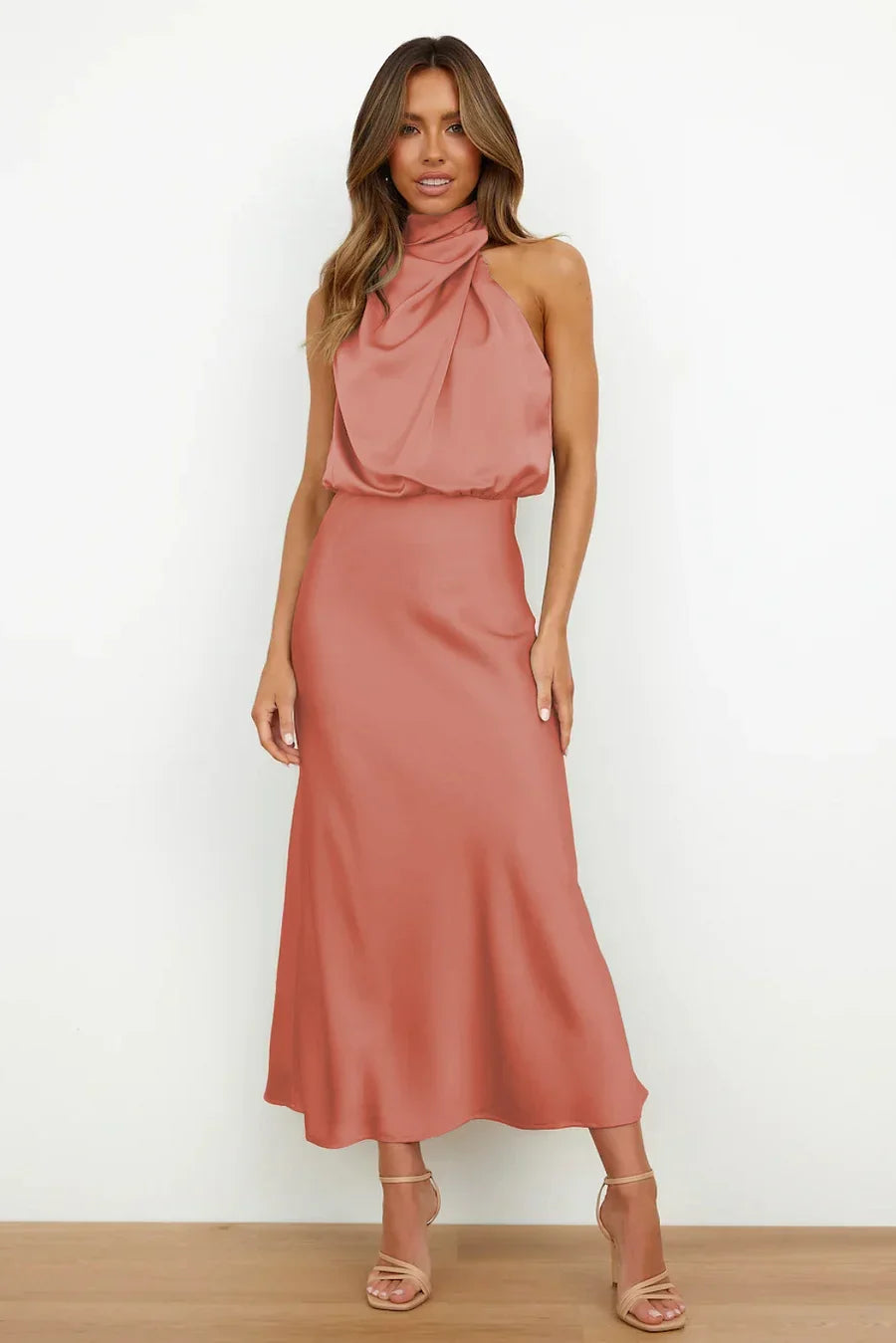 Women's Satin High Neck Midi Dress