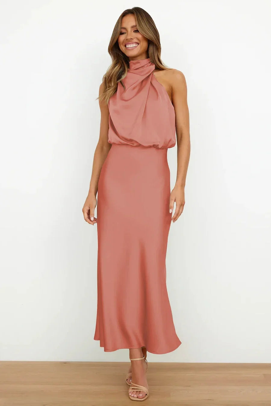 Women's Satin High Neck Midi Dress