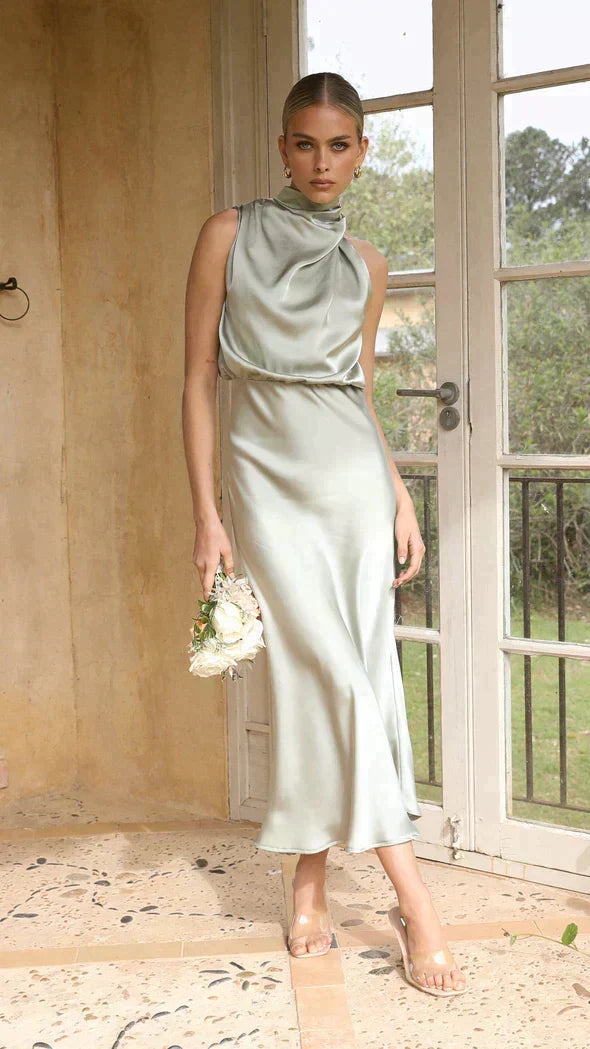 Women's Satin High Neck Midi Dress
