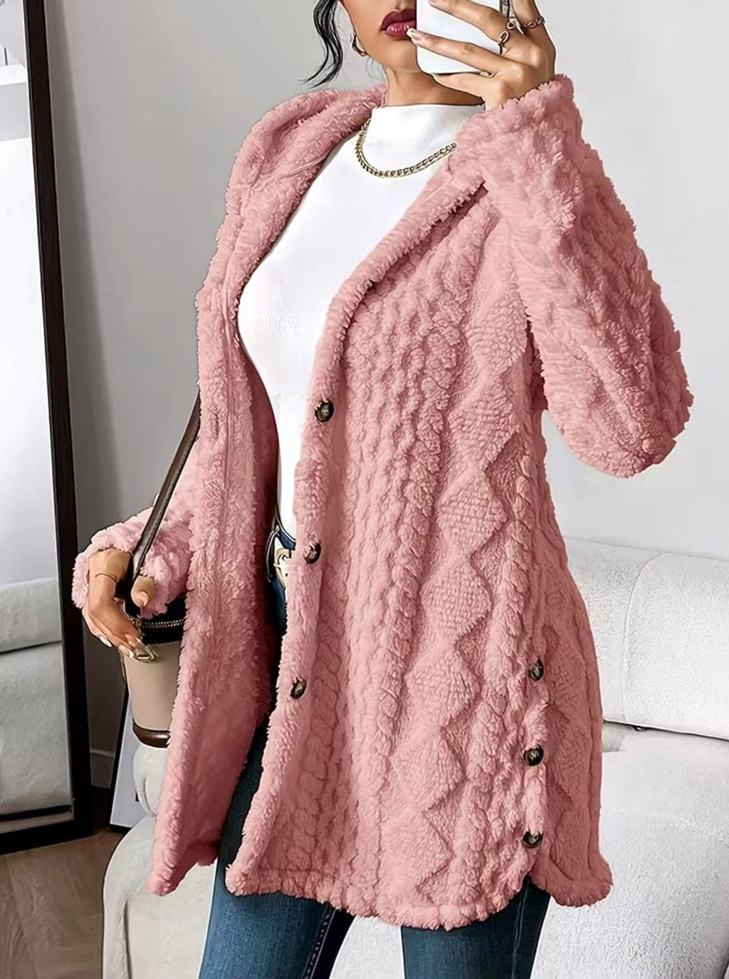 Giacca da donna con cappuccio e tessuto testurizzato da mezza stagione