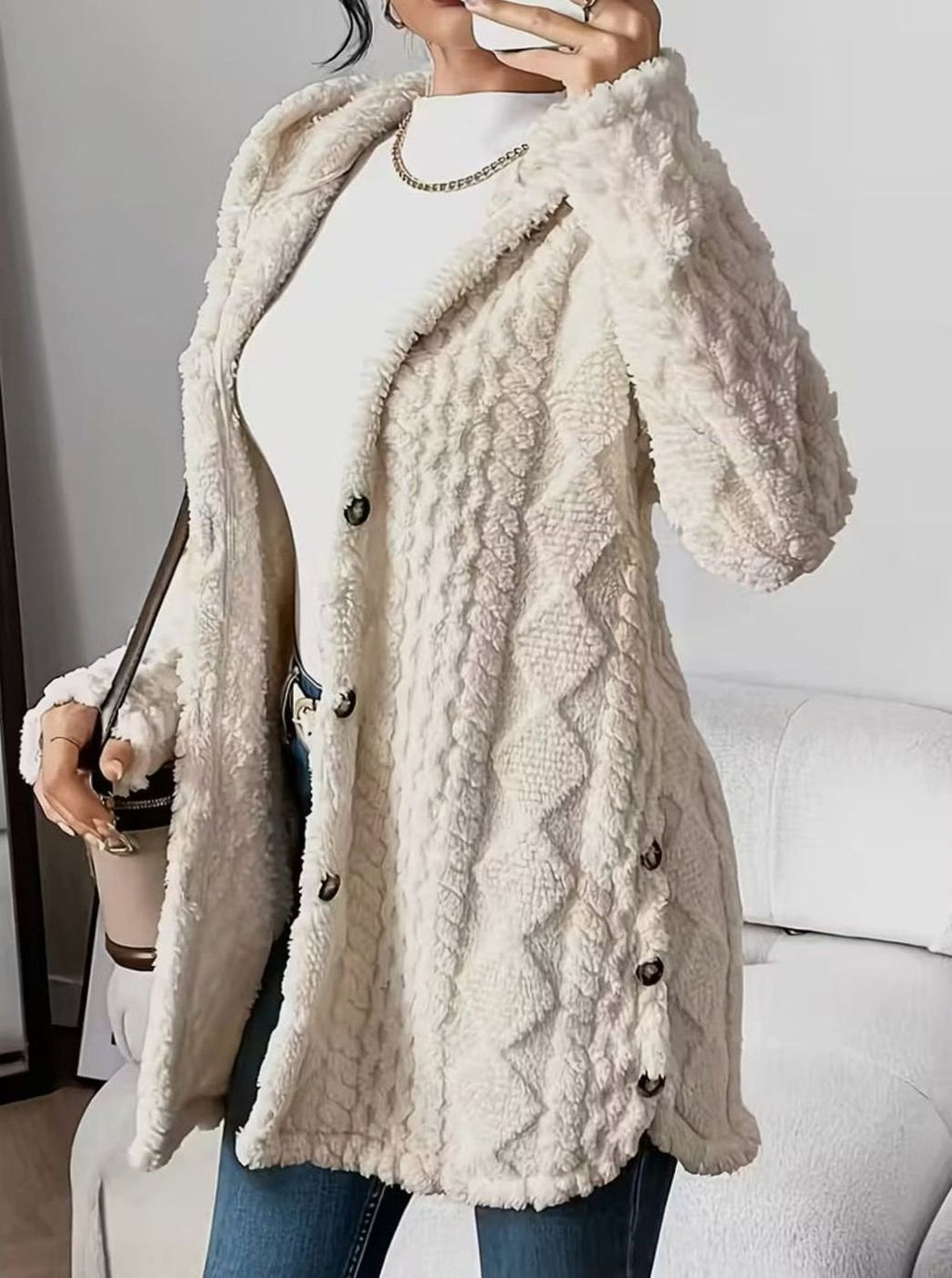 Giacca da donna con cappuccio e tessuto testurizzato da mezza stagione