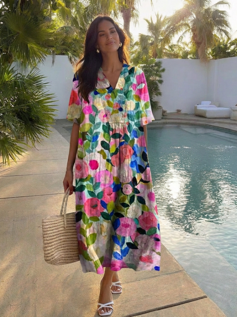 Women's Short Sleeve Floral Midi Dress
