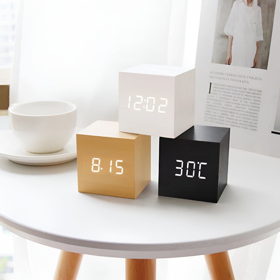 Digital Alarm Clock with Wood Grain Finish LED Display and Temperature - Image 1
