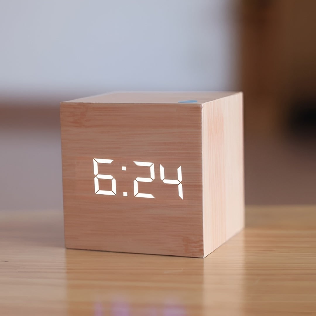 Digital Alarm Clock with Wood Grain Finish LED Display and Temperature - Image 7