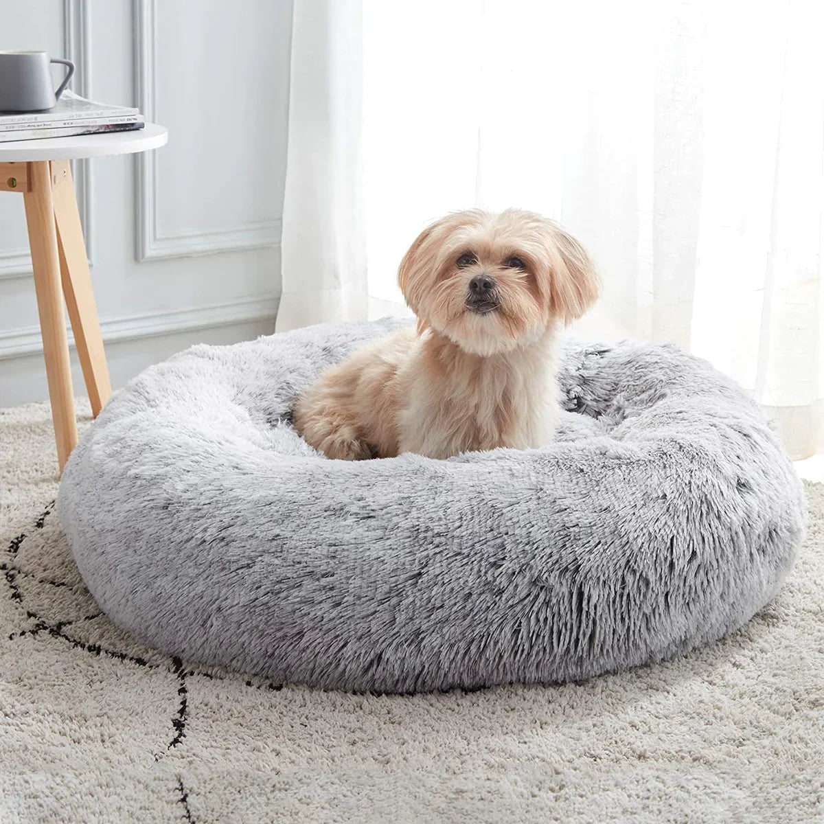 Donut Dog Bed with Plush Faux Fur Raised Rim and Calming Nest Design - Image 7