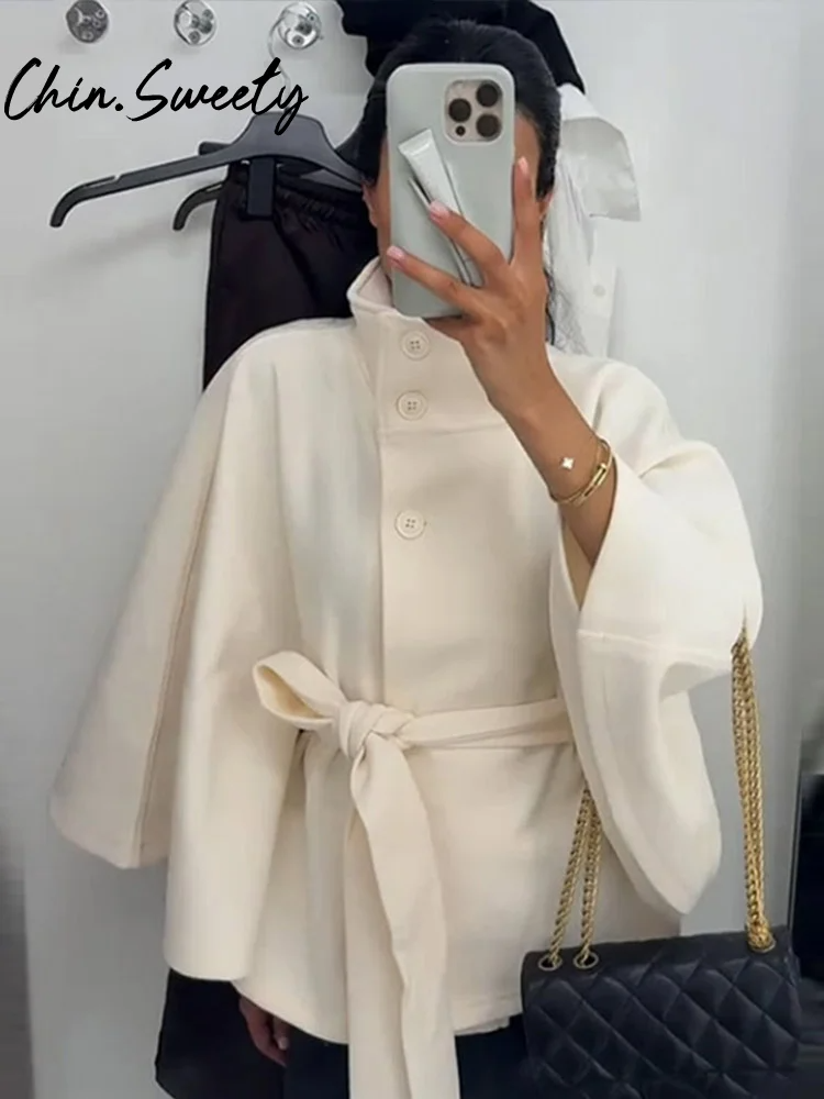 Women's Cape Coat with High Collar and Belt