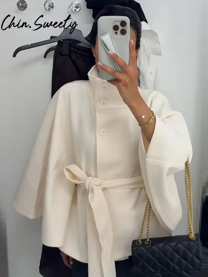 Women's Cape Coat with High Collar and Belt