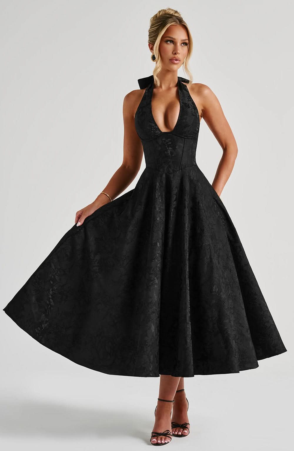 Women's Floral Halter Wedding Guest Midi Dress