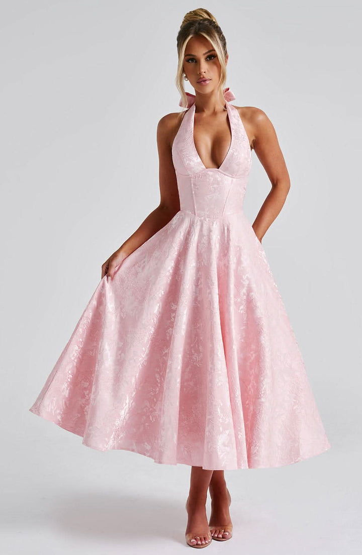 Women's Floral Halter Wedding Guest Midi Dress