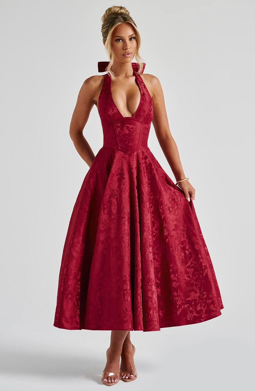 Women's Floral Halter Wedding Guest Midi Dress