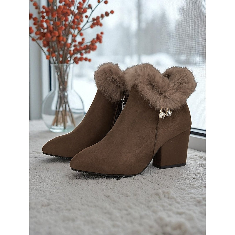 Women's Fur Trimmed Block Heel Ankle Boots