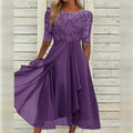 Fall Wedding Guest Dress with Lace Bodice Draped Chiffon Skirt and Elbow Sleeves - Image 1