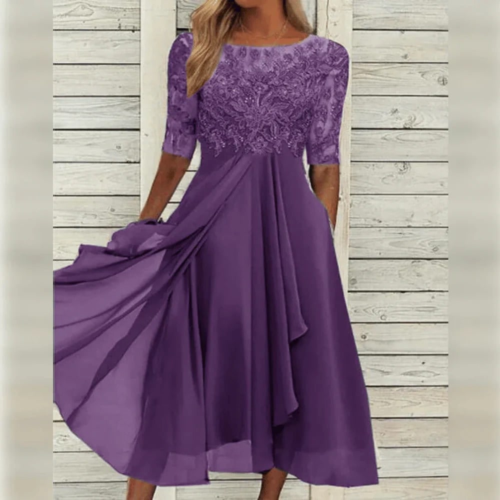Fall Wedding Guest Dress with Lace Bodice Draped Chiffon Skirt and Elbow Sleeves - Image 1