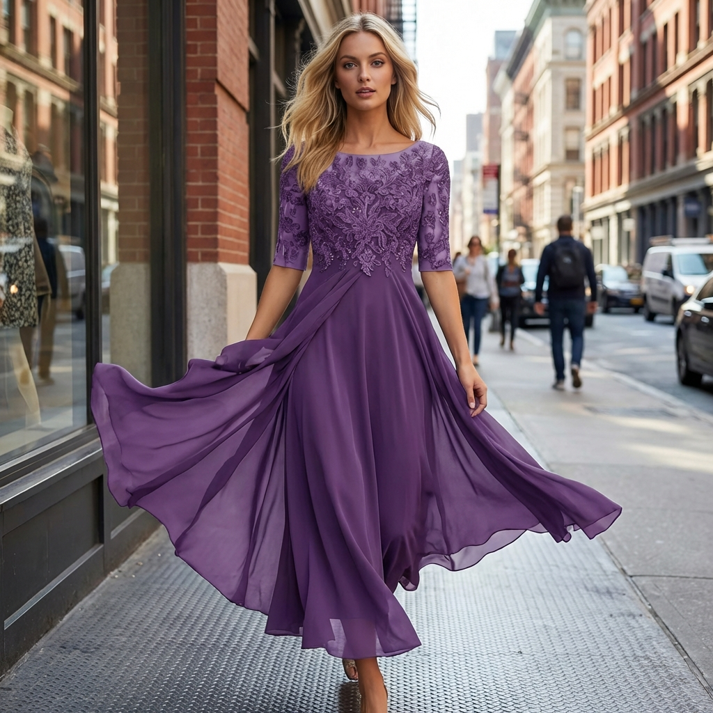 Fall Wedding Guest Dress with Lace Bodice Draped Chiffon Skirt and Elbow Sleeves - Image 2