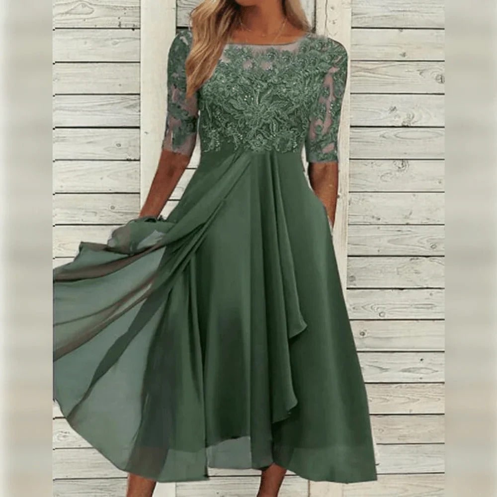 Fall Wedding Guest Dress with Lace Bodice Draped Chiffon Skirt and Elbow Sleeves - Image 3