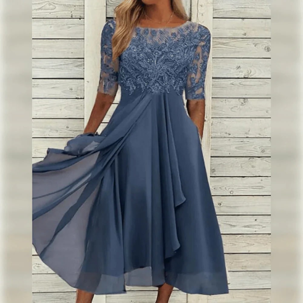 Fall Wedding Guest Dress with Lace Bodice Draped Chiffon Skirt and Elbow Sleeves - Image 4