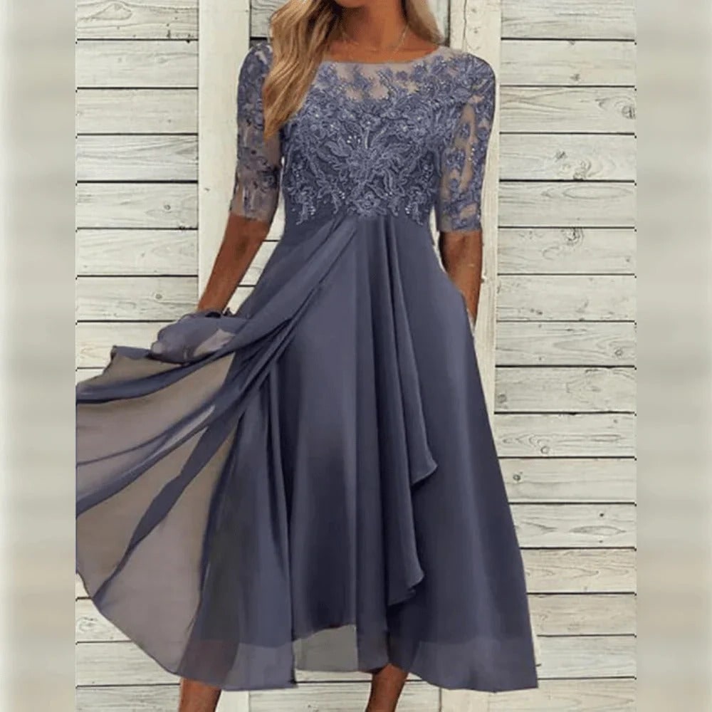 Fall Wedding Guest Dress with Lace Bodice Draped Chiffon Skirt and Elbow Sleeves - Image 5