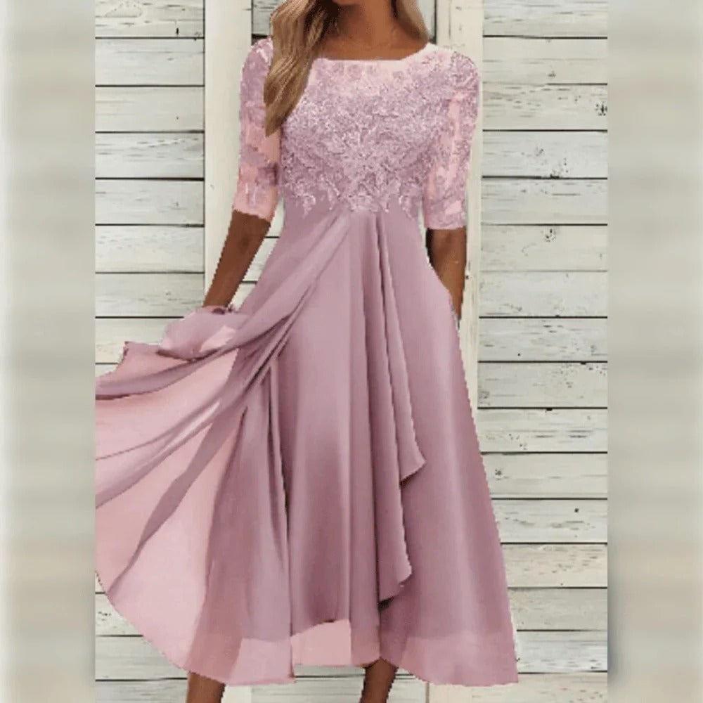 Fall Wedding Guest Dress with Lace Bodice Draped Chiffon Skirt and Elbow Sleeves - Image 6