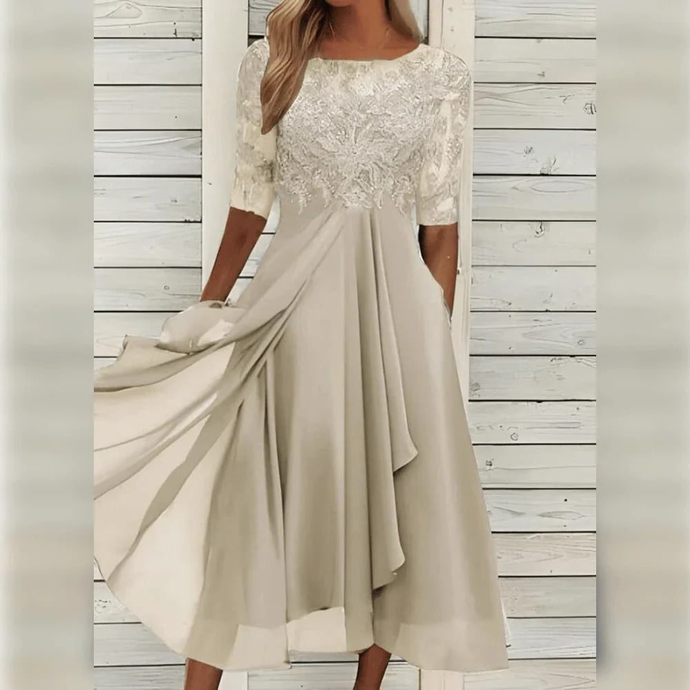 Fall Wedding Guest Dress with Lace Bodice Draped Chiffon Skirt and Elbow Sleeves - Image 8
