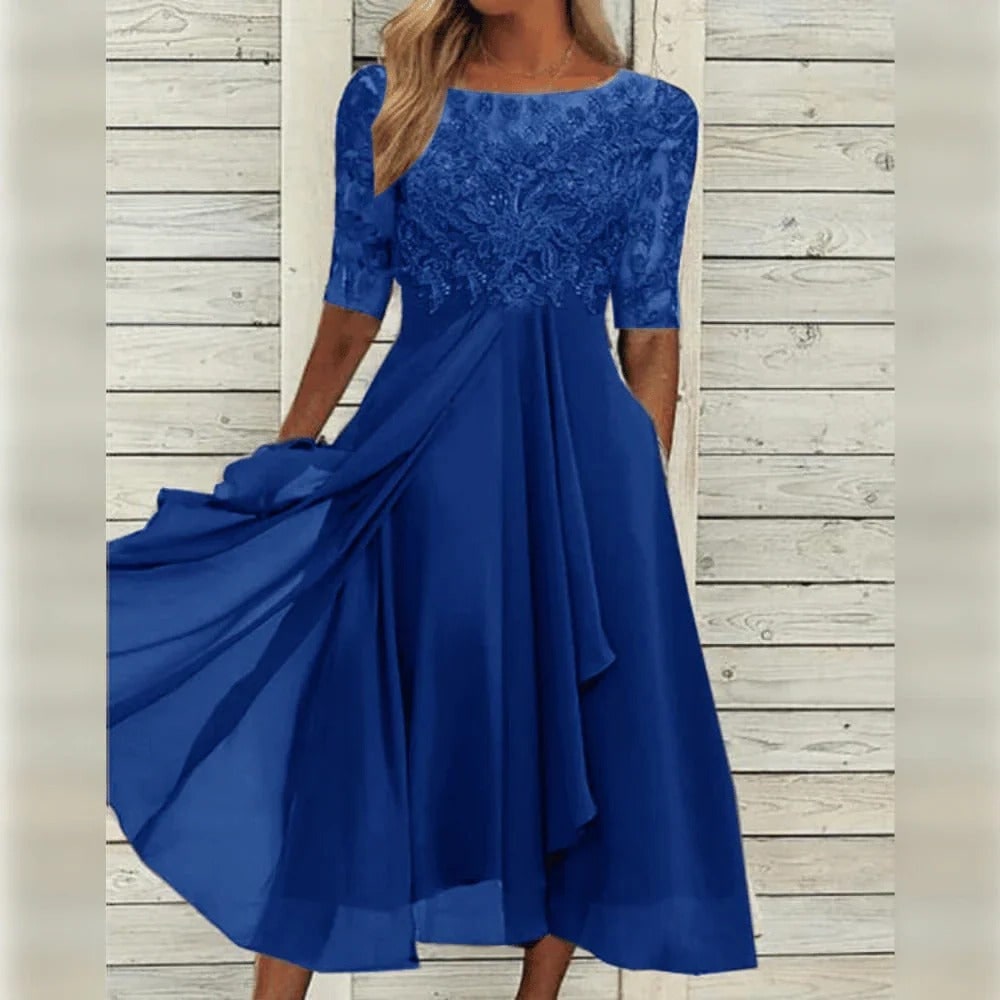 Fall Wedding Guest Dress with Lace Bodice Draped Chiffon Skirt and Elbow Sleeves - Image 9