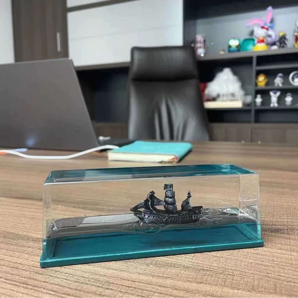 Fluid Drift Bottle Desk Ornament with LED Light Base and Floating Ship - Image 2