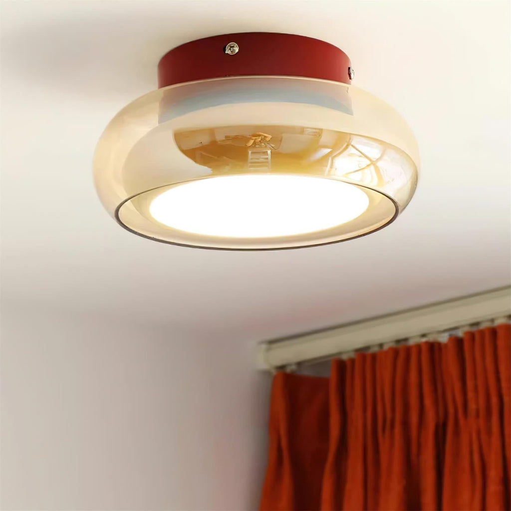 Flush Mount Ceiling Light with Amber Glass Shade and Integrated LED Warm White - Image 1