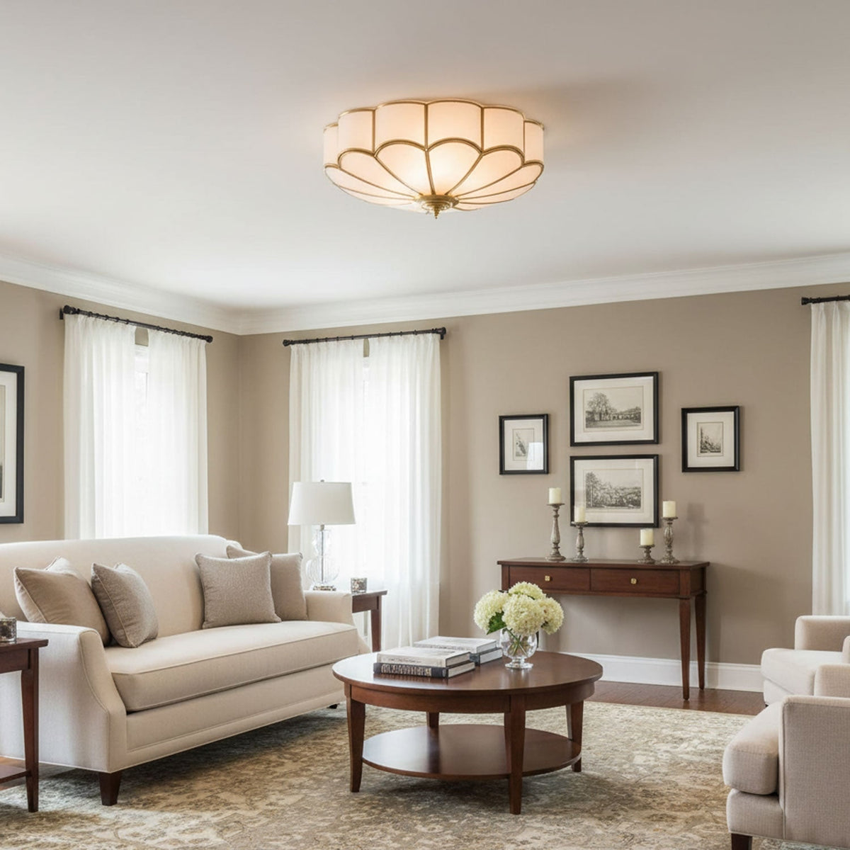 Flush Mount Ceiling Light with Floral Scalloped Design and Frosted Glass - Image 10