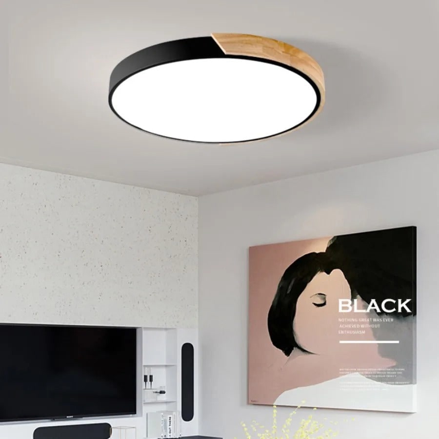 Flush Mount Ceiling Light with Modern Round Design and Wood Accent LED - Image 1