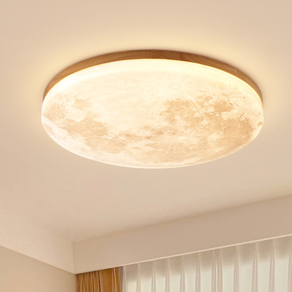 Flush Mount Ceiling Light with Moon Surface Texture and Wooden Frame LED - Image 1