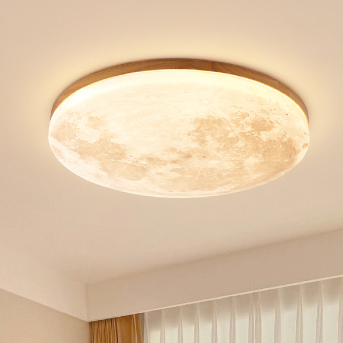 Flush Mount Ceiling Light with Moon Surface Texture and Wooden Frame LED - Image 1