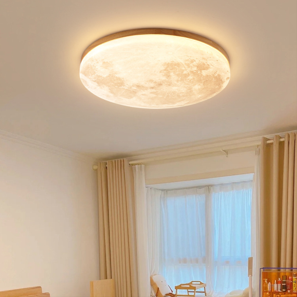 Flush Mount Ceiling Light with Moon Surface Texture and Wooden Frame LED - Image 2