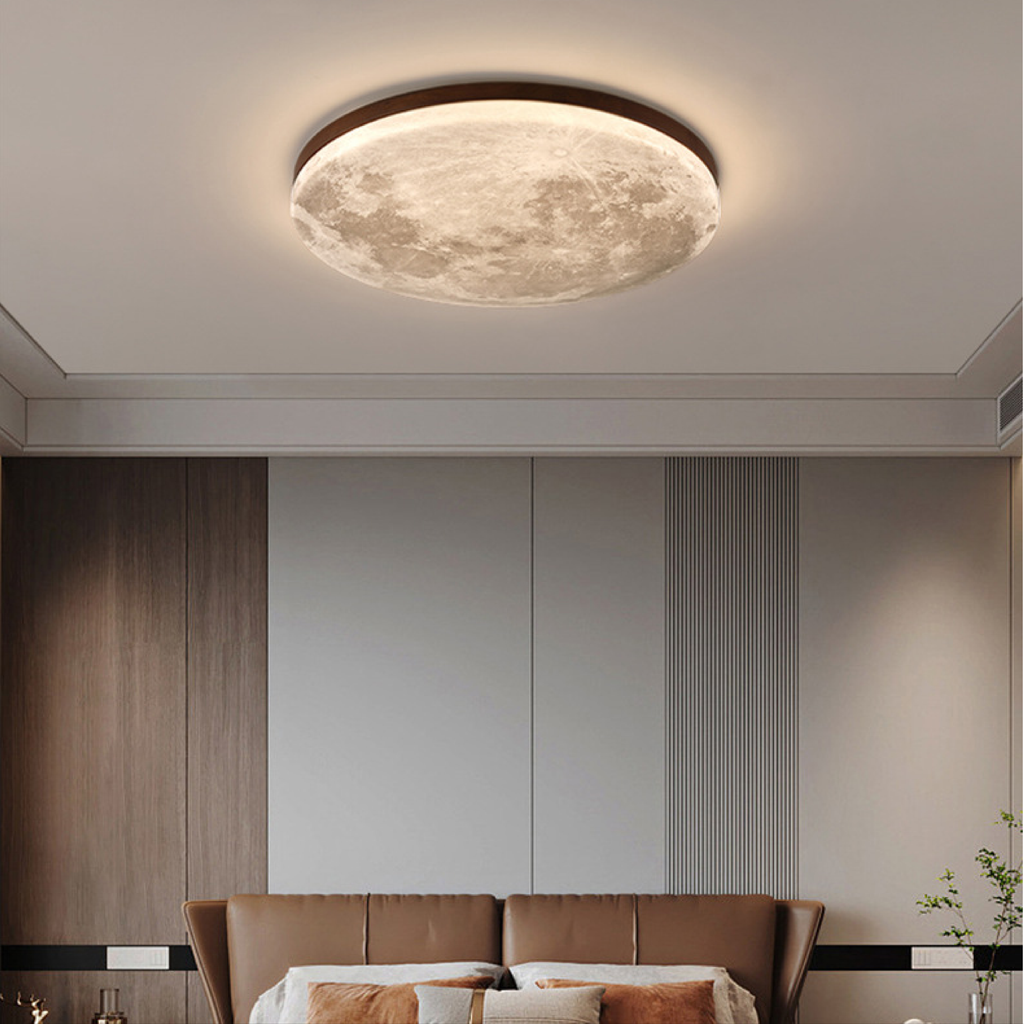 Flush Mount Ceiling Light with Moon Surface Texture and Wooden Frame LED - Image 3