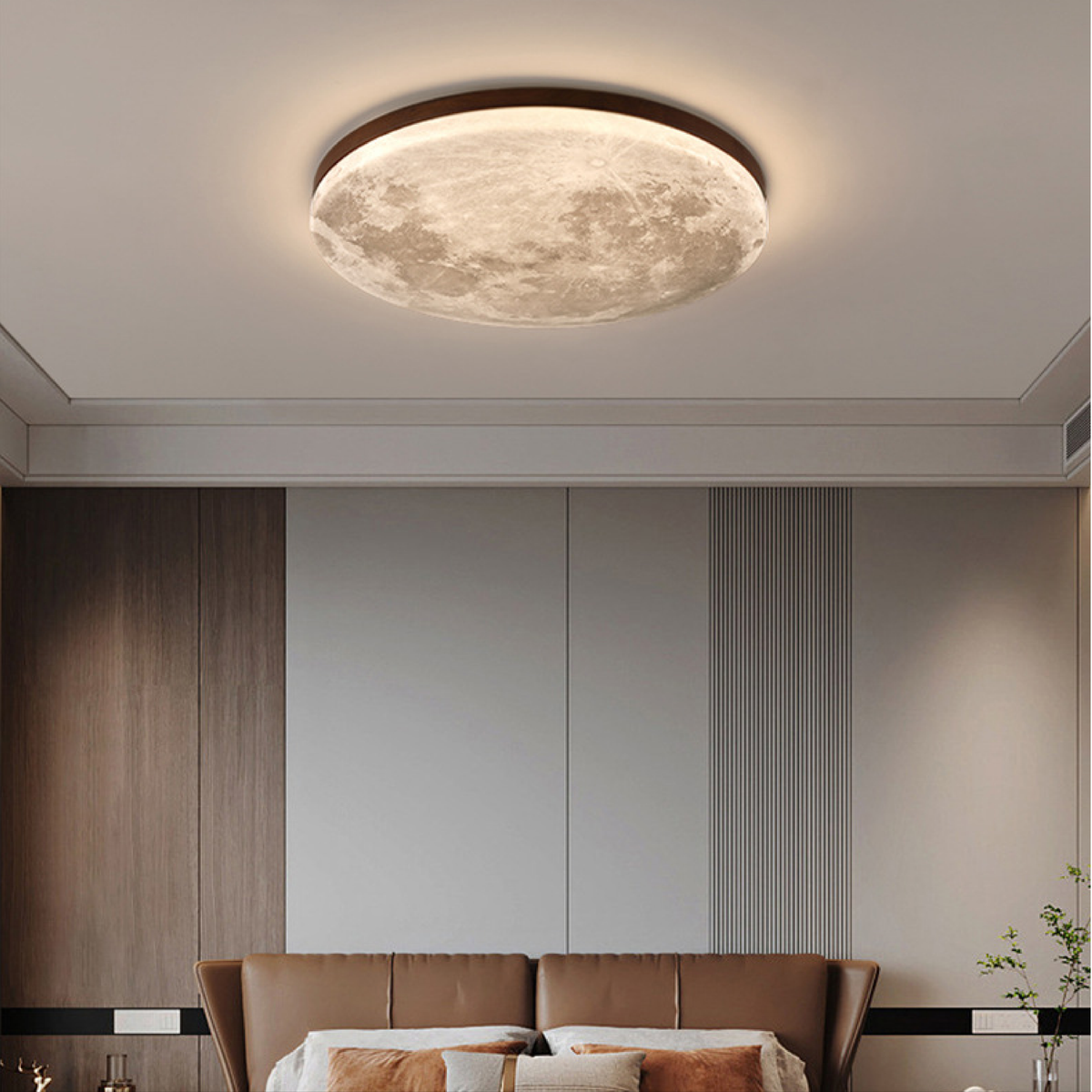 Flush Mount Ceiling Light with Moon Surface Texture and Wooden Frame LED - Image 3