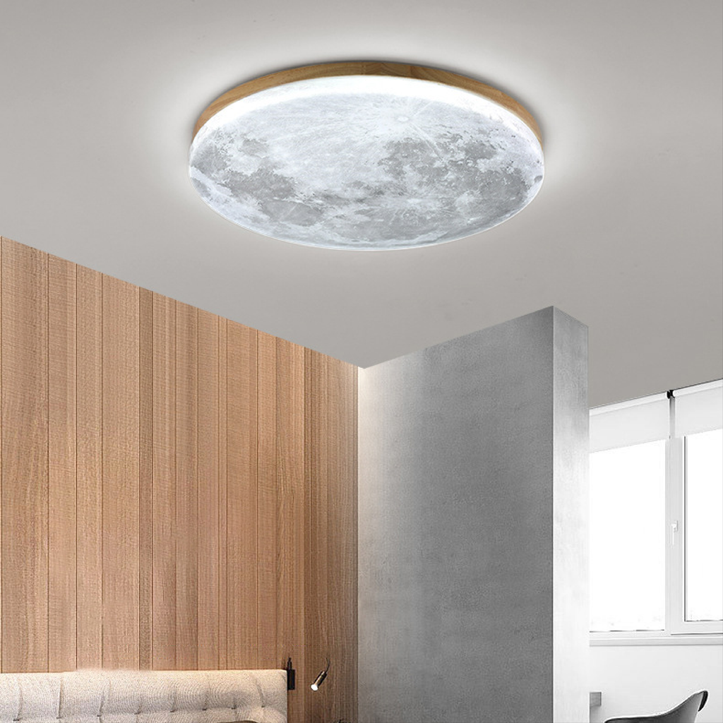 Flush Mount Ceiling Light with Moon Surface Texture and Wooden Frame LED - Image 4