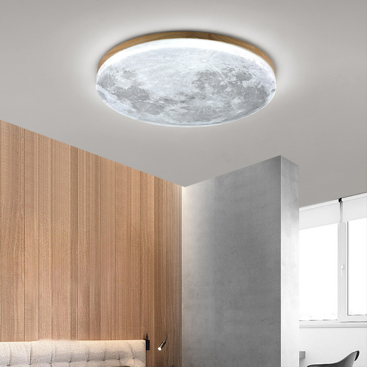 Flush Mount Ceiling Light with Moon Surface Texture and Wooden Frame LED - Image 4