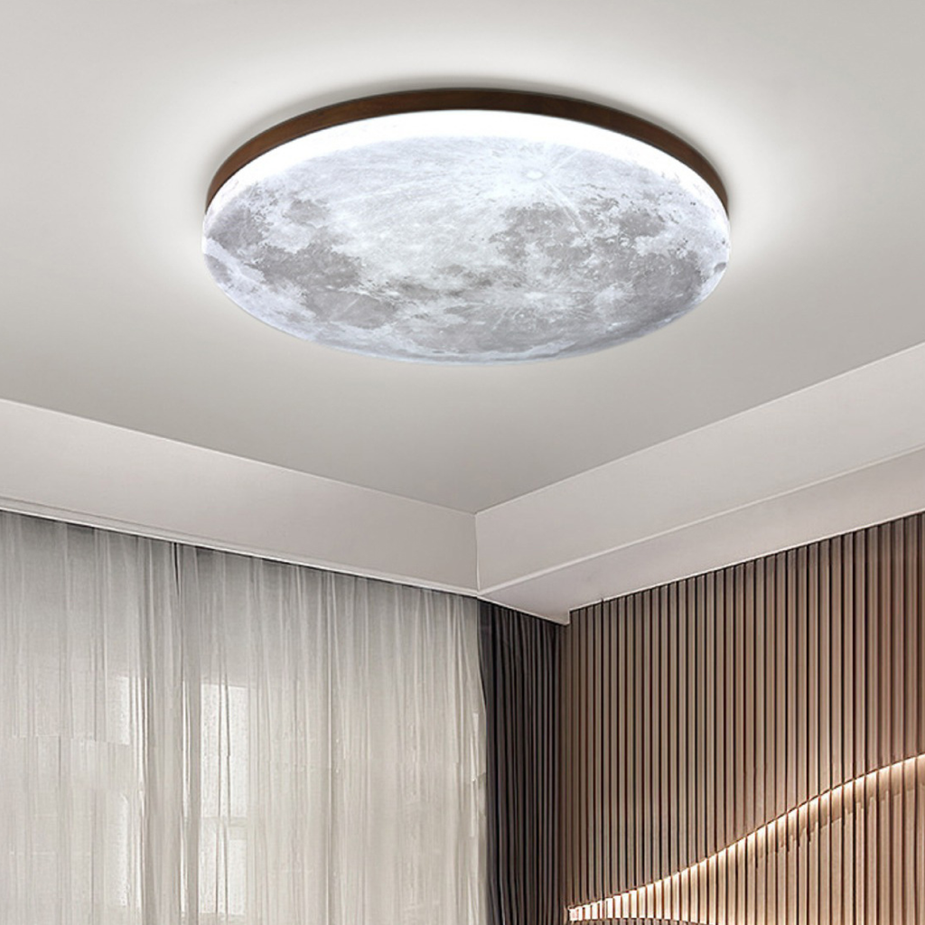 Flush Mount Ceiling Light with Moon Surface Texture and Wooden Frame LED - Image 5