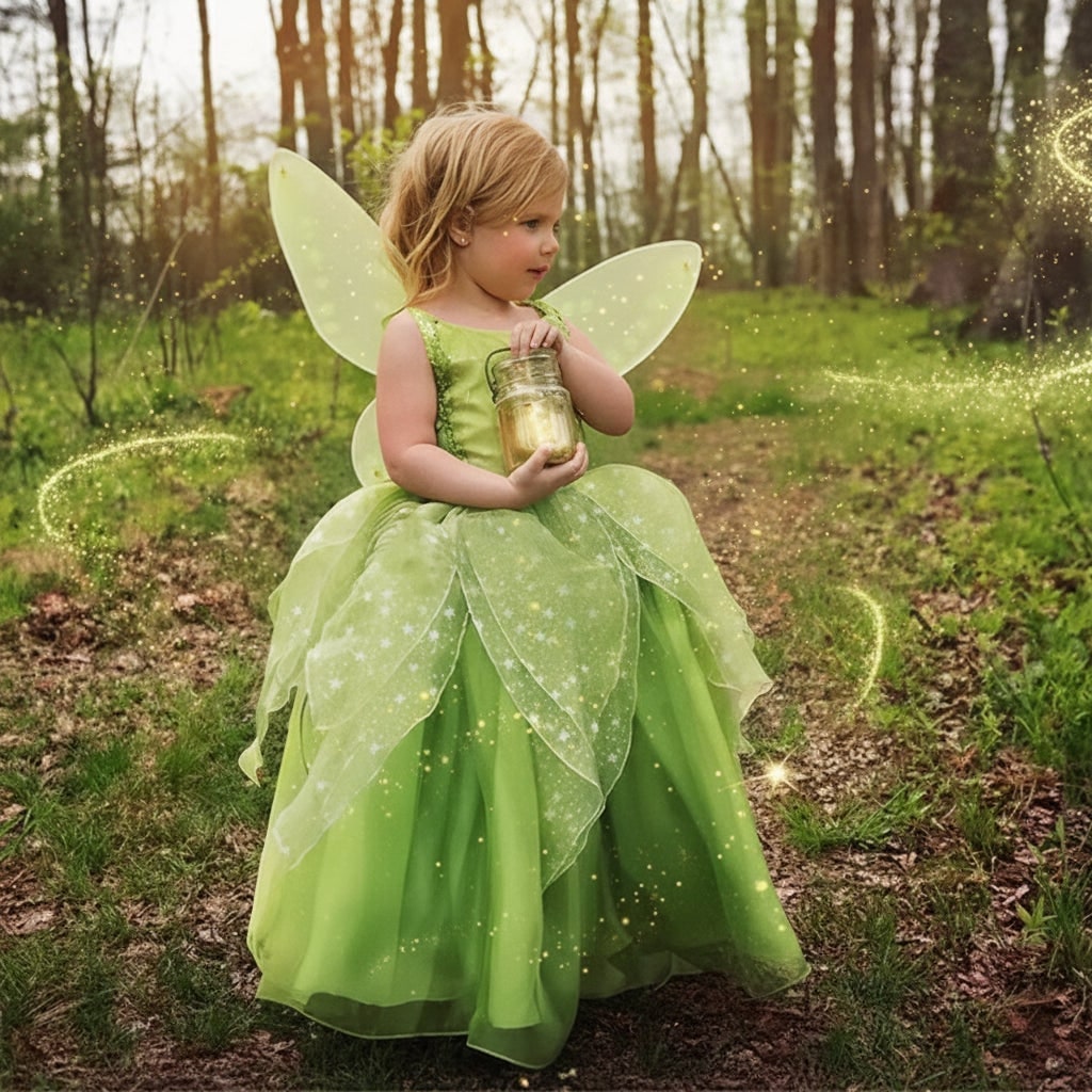 Girls' Fairy Costume with Wings Tiara Wand Gloves and Layered Tulle Dress - Image 2