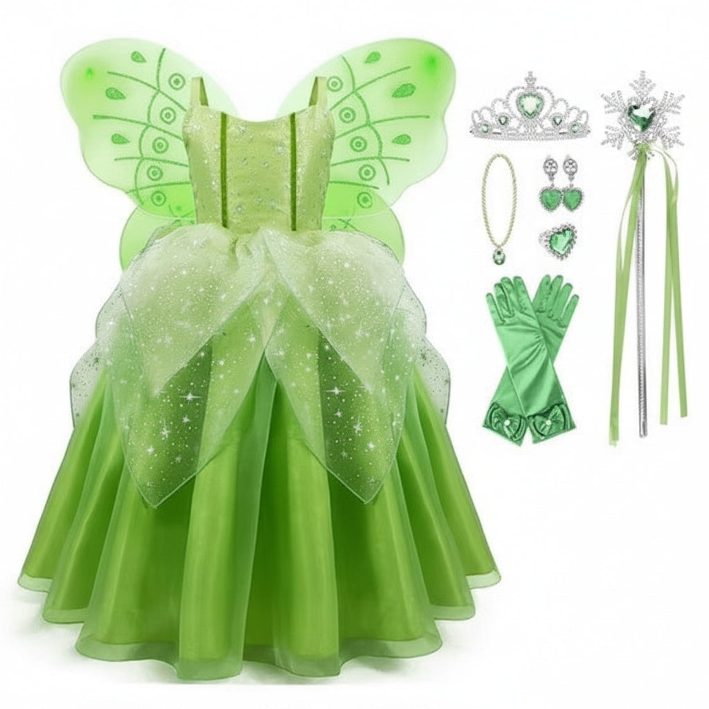 Girls' Fairy Costume with Wings Tiara Wand Gloves and Layered Tulle Dress - Image 5