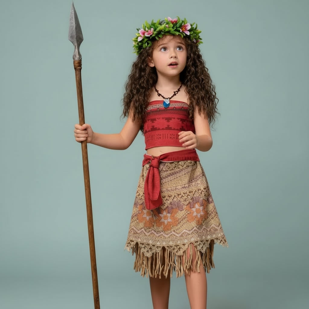 Girls' Princess Costume Dress Set with Wig Flower Crown and Fringe Skirt - Image 2