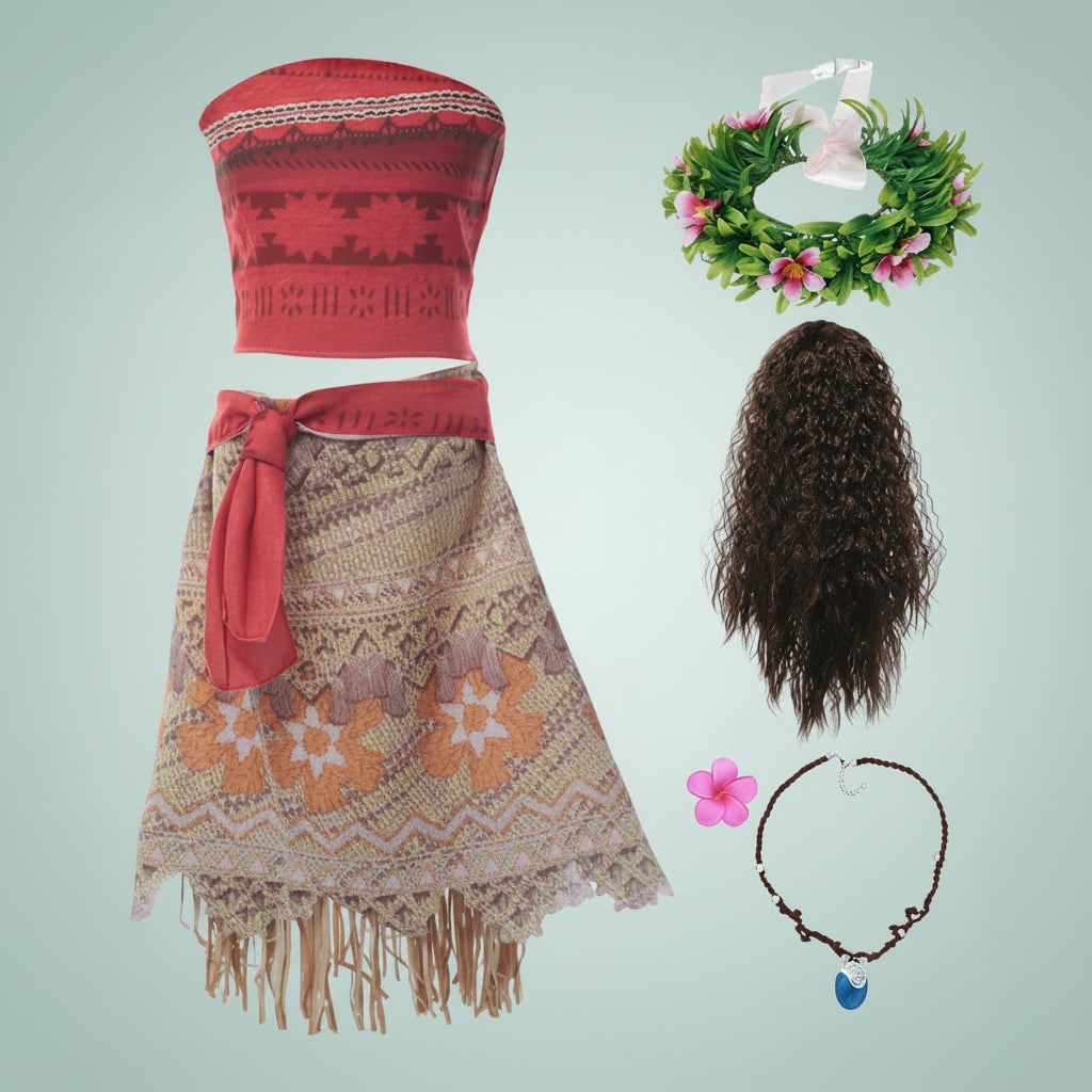 Girls' Princess Costume Dress Set with Wig Flower Crown and Fringe Skirt - Image 5