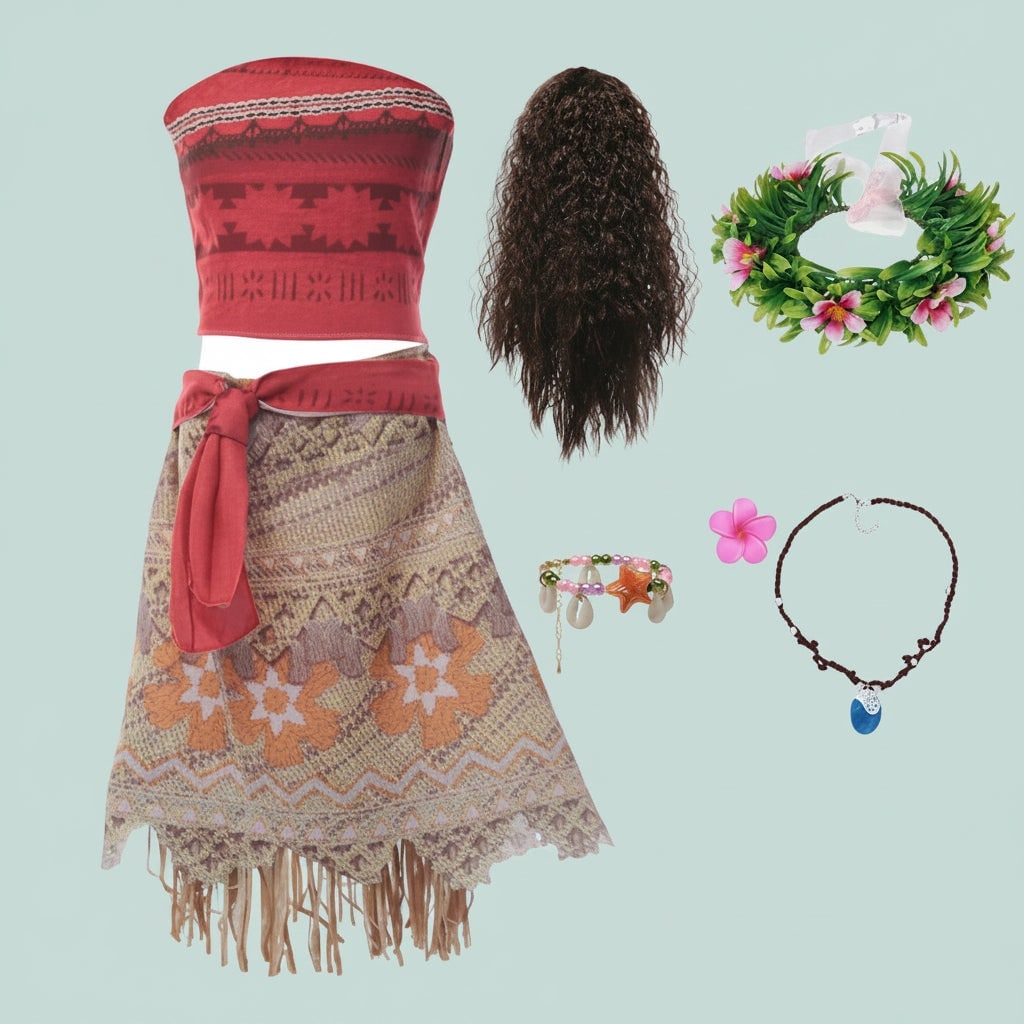 Girls' Princess Costume Dress Set with Wig Flower Crown and Fringe Skirt - Image 7