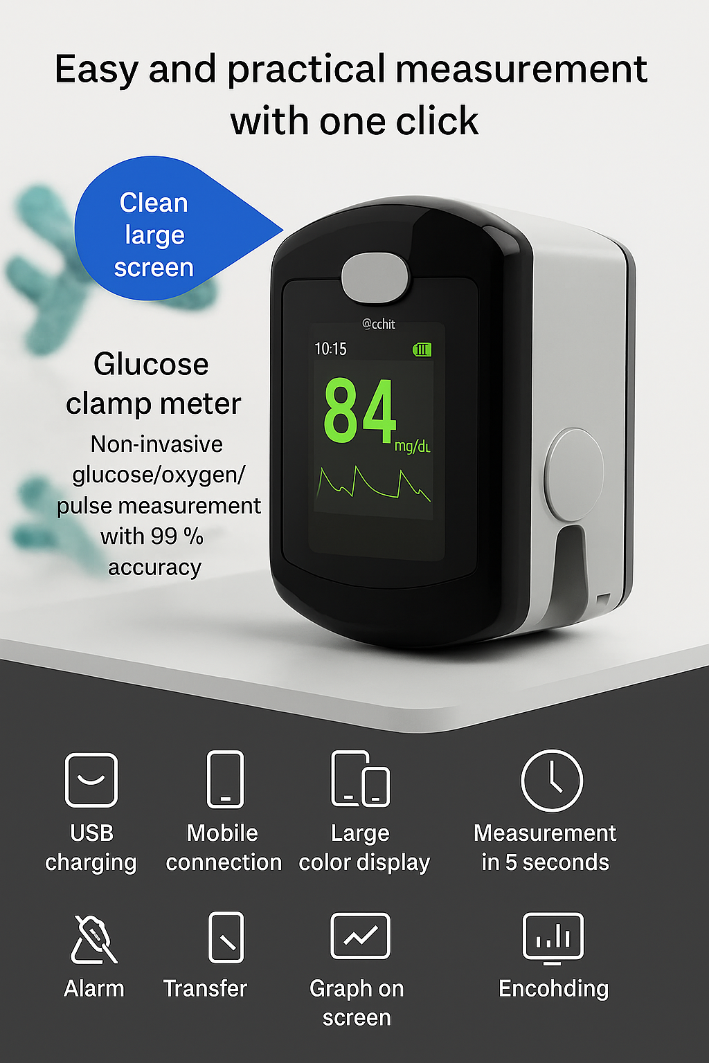 Glucose Meter Non Invasive Portable Digital Blood Sugar Monitor with Fingertip Clip - Image 9