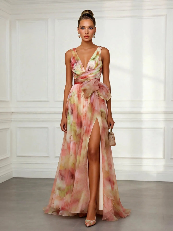 Women's Abstract Print Tie Waist Maxi Dress
